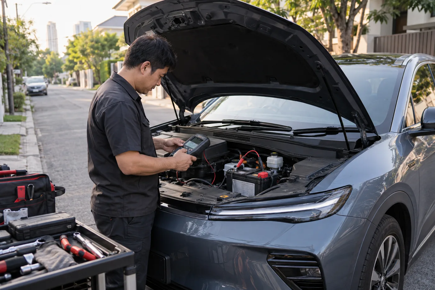Mobile technician testing an electric vehicle 12V auxiliary battery