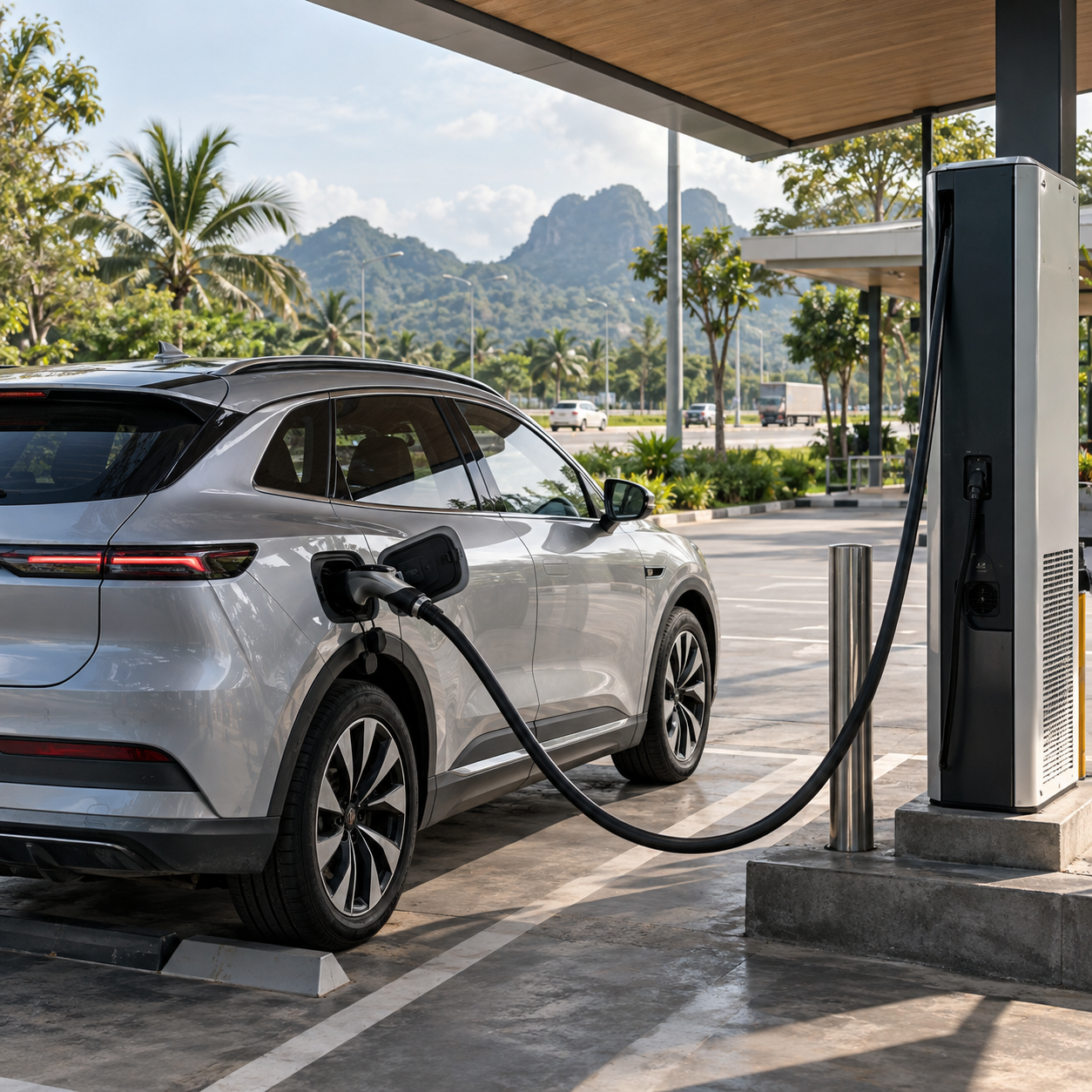 An electric vehicle at a DC fast charging station