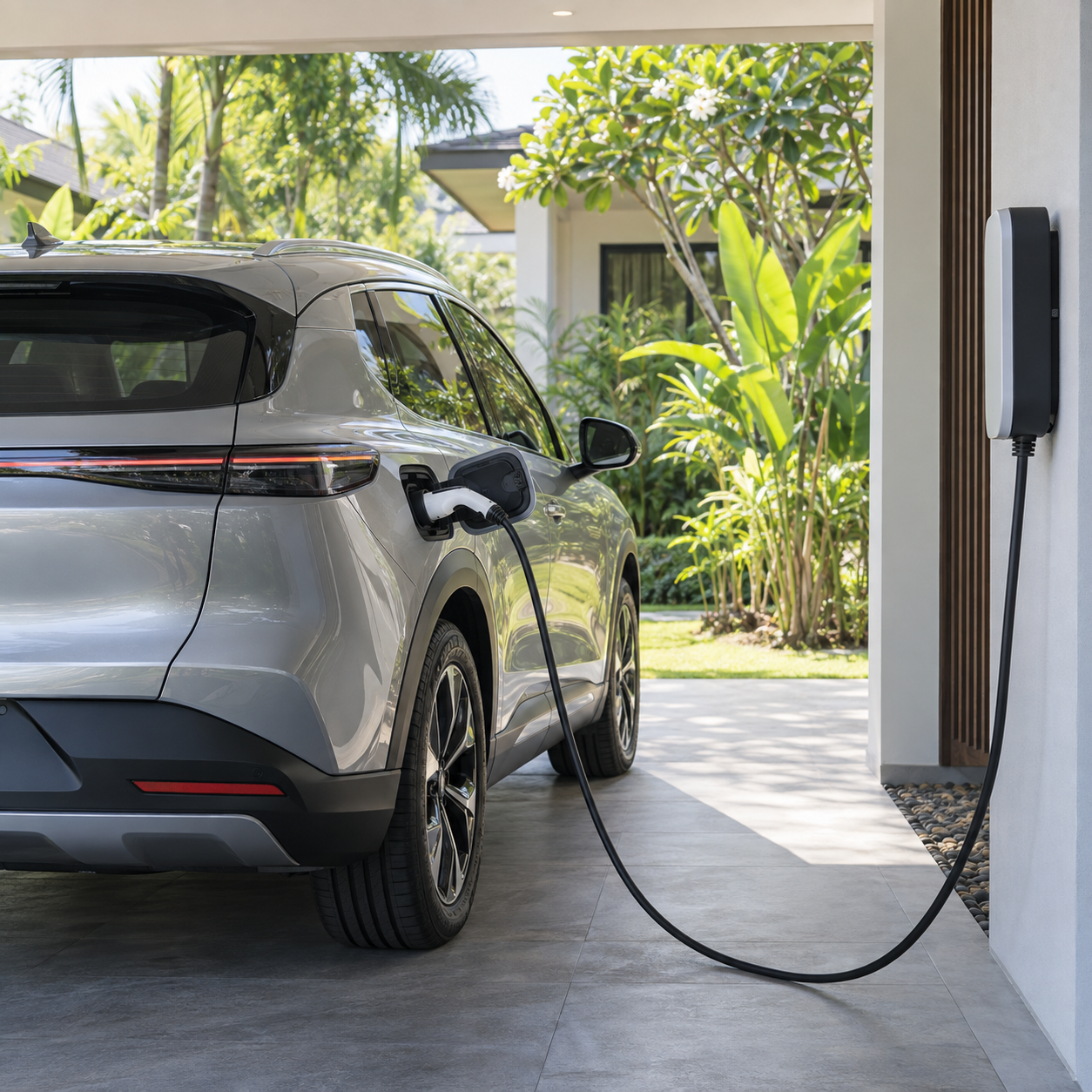 An electric vehicle connected to an AC home charger