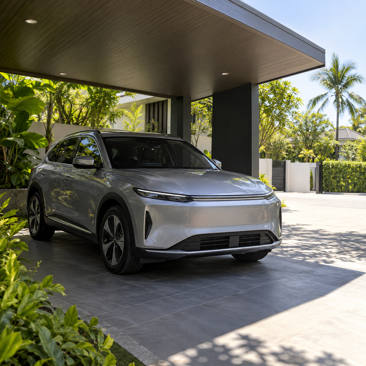 An electric vehicle parked in the shade to limit heat buildup